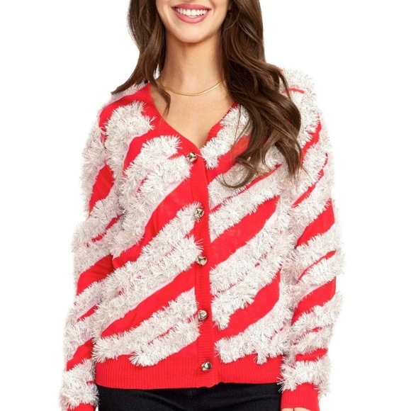 Tipsy Elves Women’s Red Garland Christmas Cardigan Candy Cane Tinsel Size 2X NWT - Picture 1 of 11